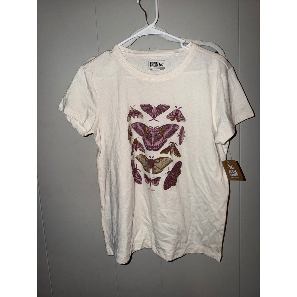Eddie Bauer Womens Butterfly Graphic Tee Ivory Short Sleeve Crew Neck Shirt S